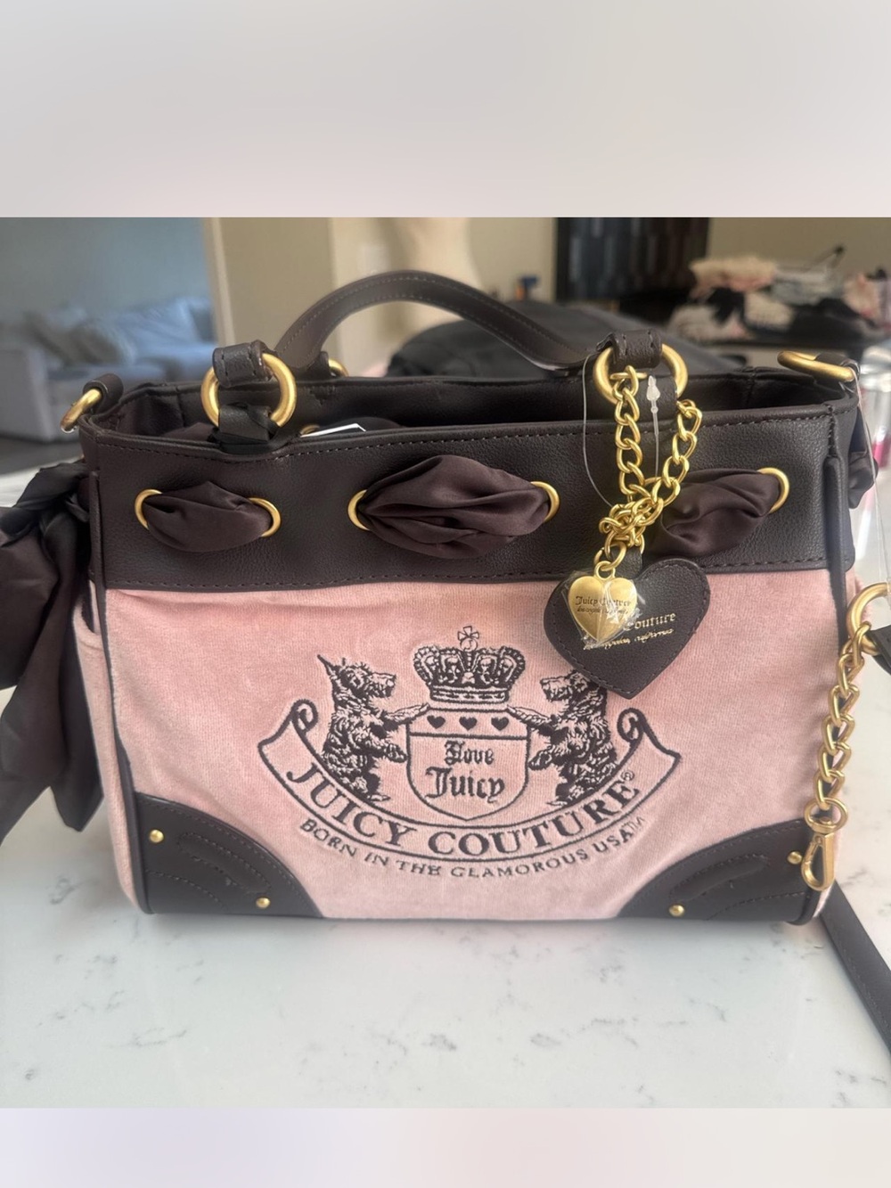 Juicy Couture Pink and Brown Logo Satchel with Gold Accents